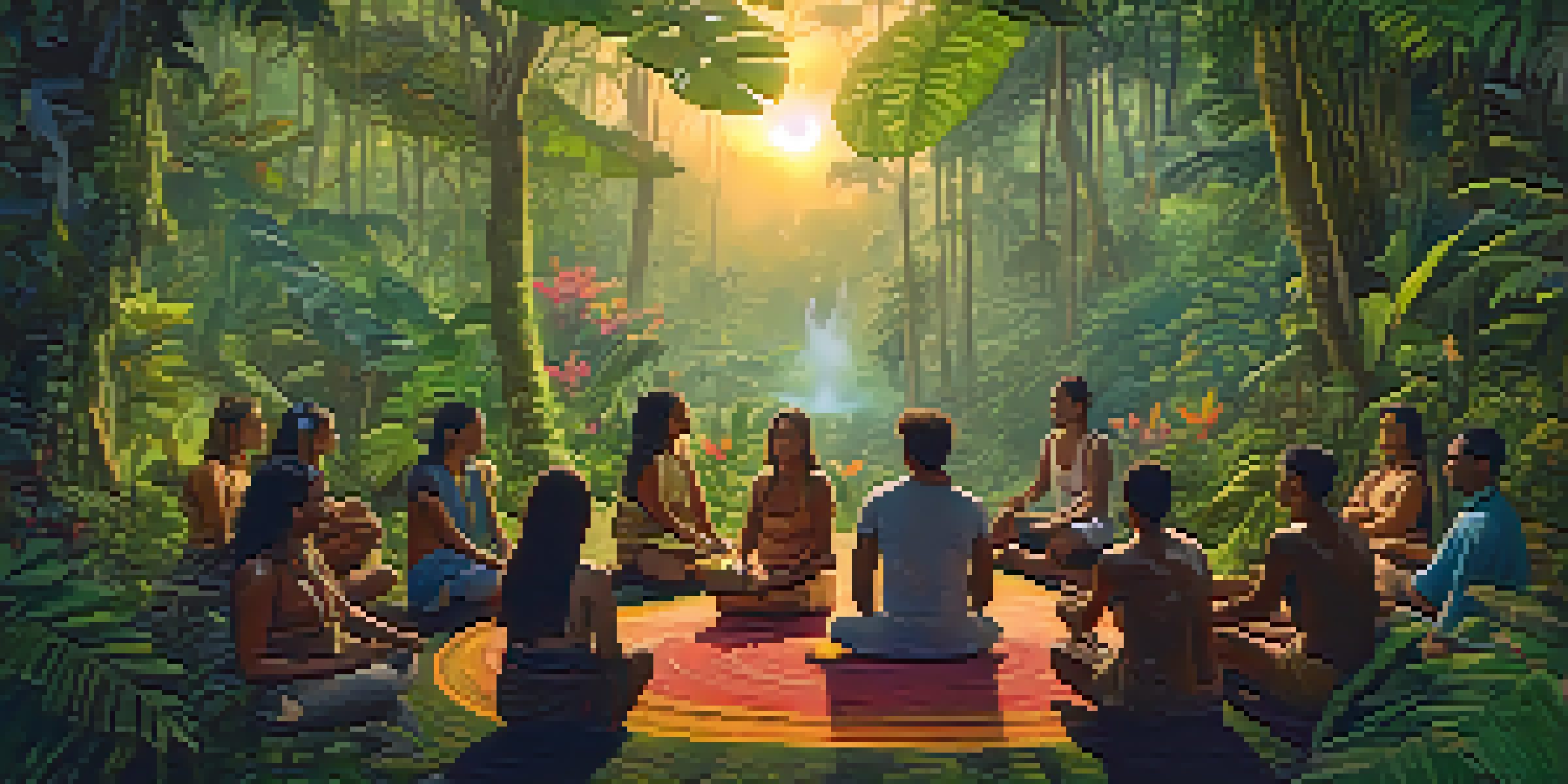 A group of diverse individuals seated in a circle in an Amazon rainforest during a traditional Ayahuasca ceremony, surrounded by lush greenery and vibrant flowers.