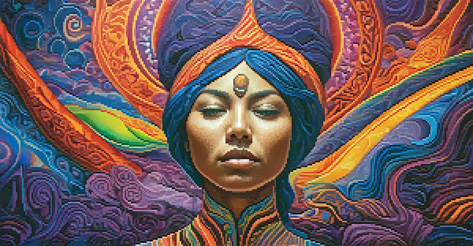 An abstract representation of a person's inner journey during an ayahuasca experience, featuring vivid colors and swirling patterns symbolizing emotions and visions.