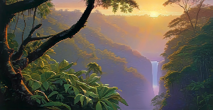 A sunset view of the Amazon rainforest with the Banisteriopsis caapi vine hanging from a tree, surrounded by vibrant colors and mist.