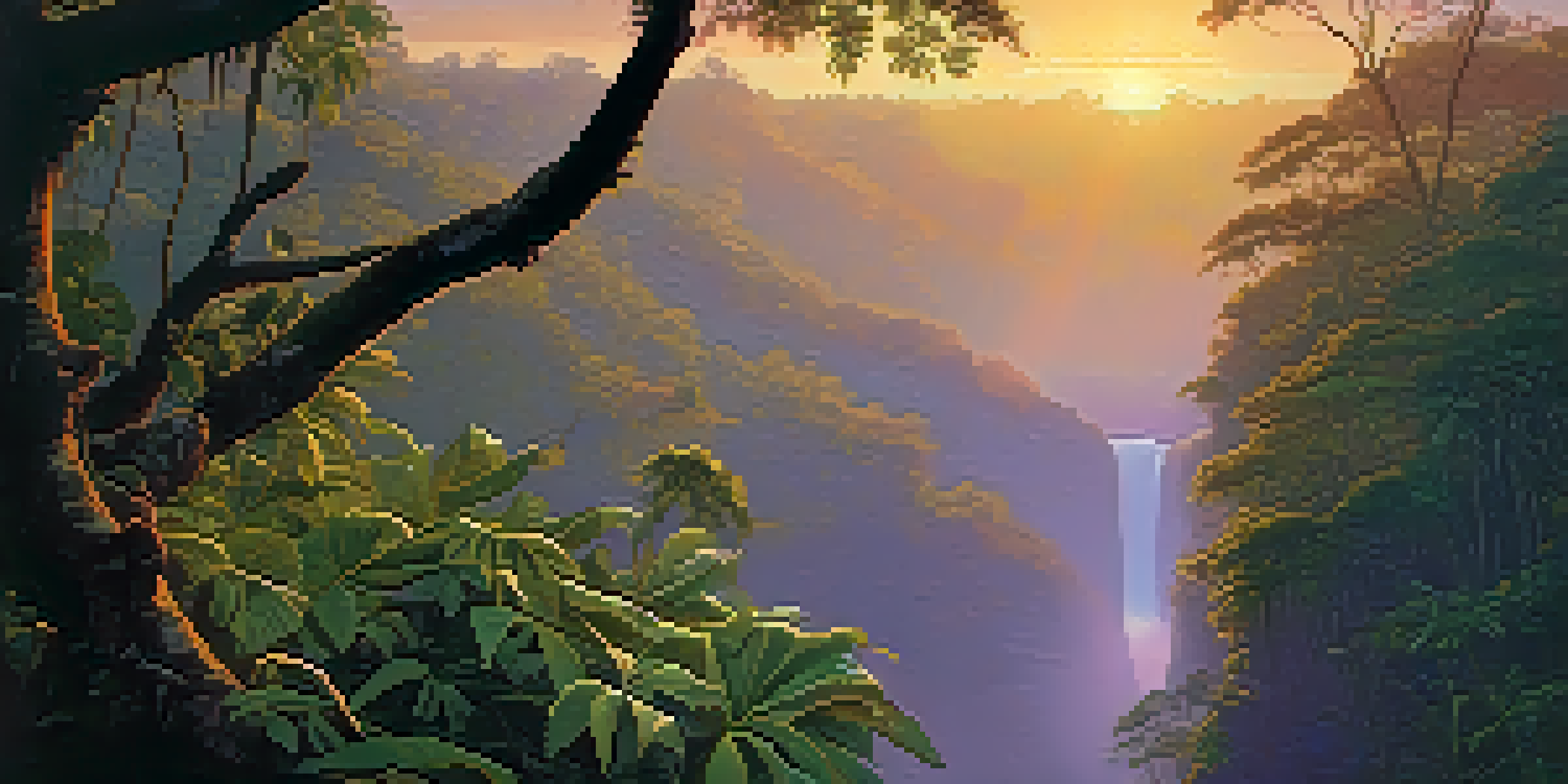 A sunset view of the Amazon rainforest with the Banisteriopsis caapi vine hanging from a tree, surrounded by vibrant colors and mist.