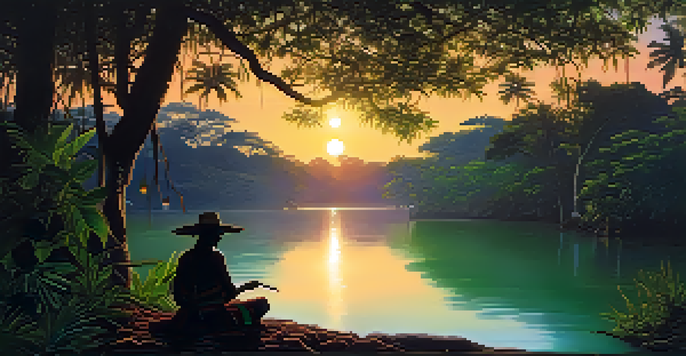 An Amazon rainforest at twilight with a tranquil river and a shaman performing a ritual, surrounded by lush greenery and glowing lanterns.