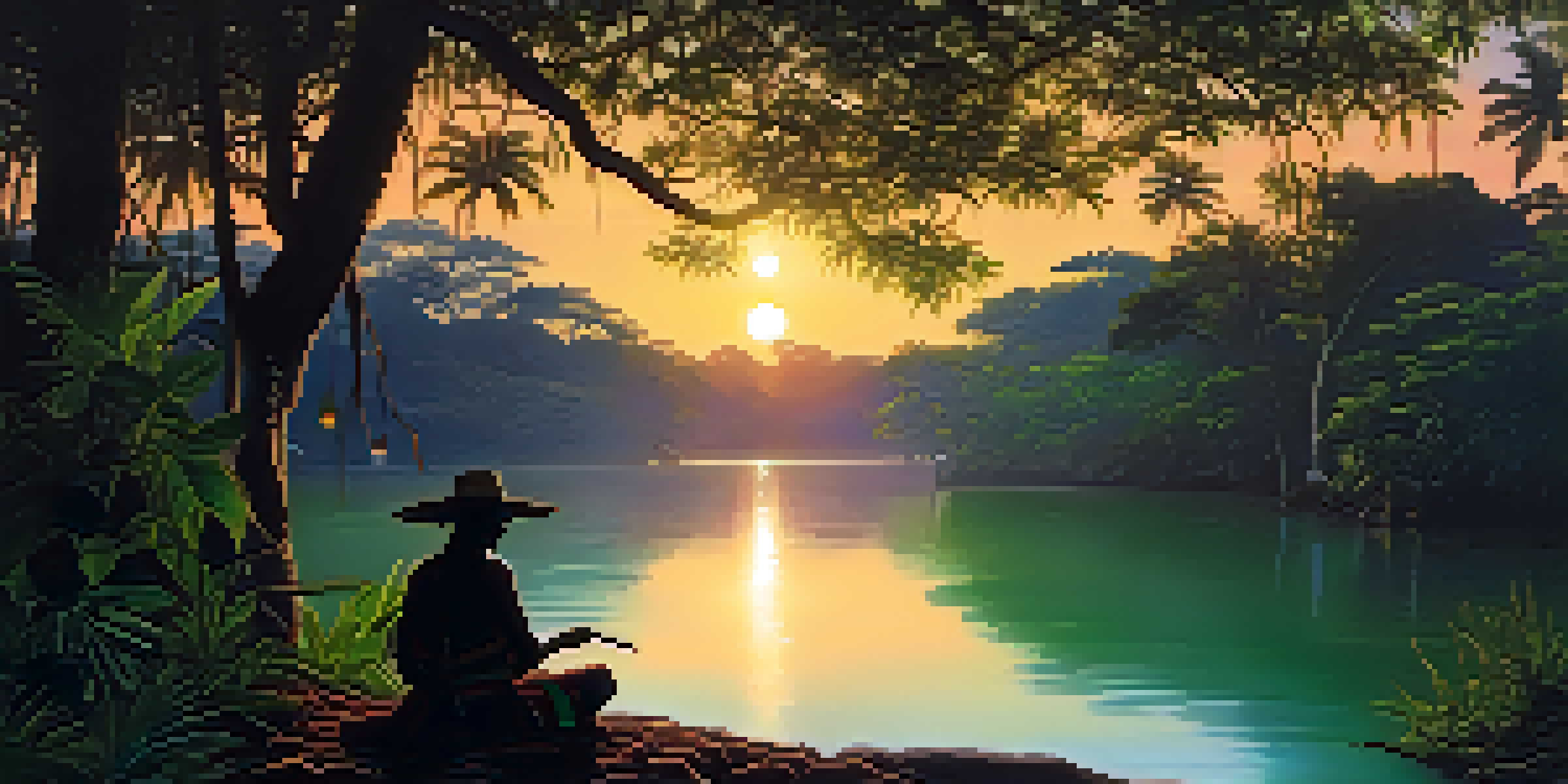 An Amazon rainforest at twilight with a tranquil river and a shaman performing a ritual, surrounded by lush greenery and glowing lanterns.
