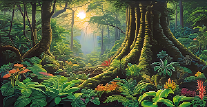 A bright and thriving landscape filled with healthy ayahuasca plants surrounded by diverse companion plants, highlighting rich soil and sunlight filtering through trees.