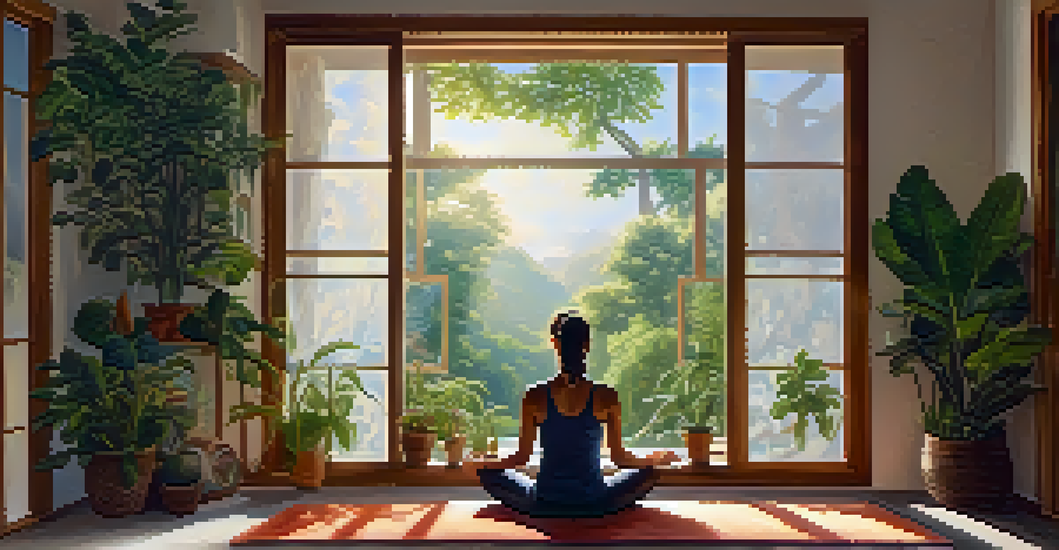 A participant journaling on a yoga mat in a sunlit room filled with plants, symbolizing reflection after an ayahuasca ceremony.