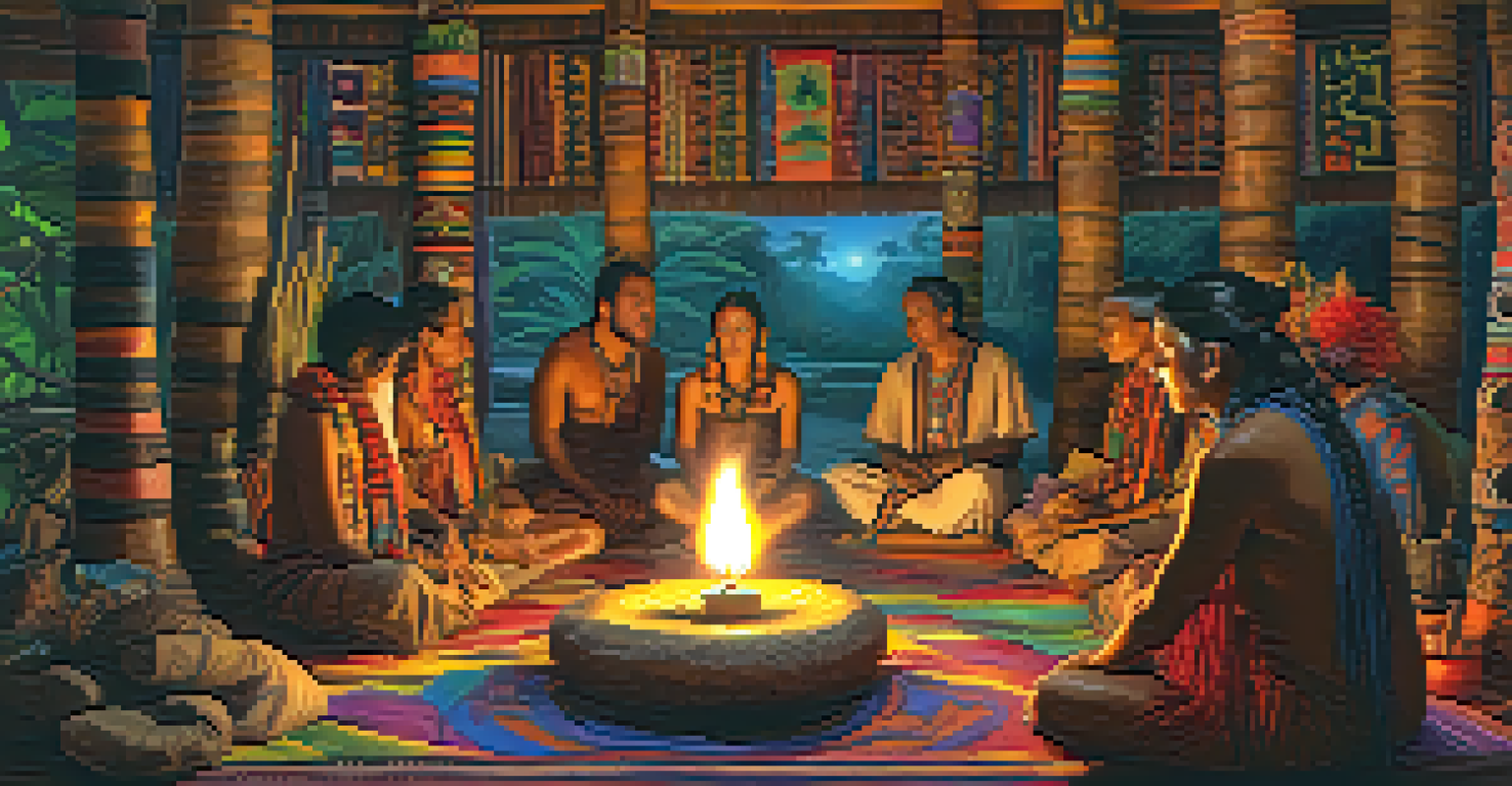 A shaman leading an ayahuasca ceremony in a candle-lit space filled with textiles and artifacts, creating a serene environment.