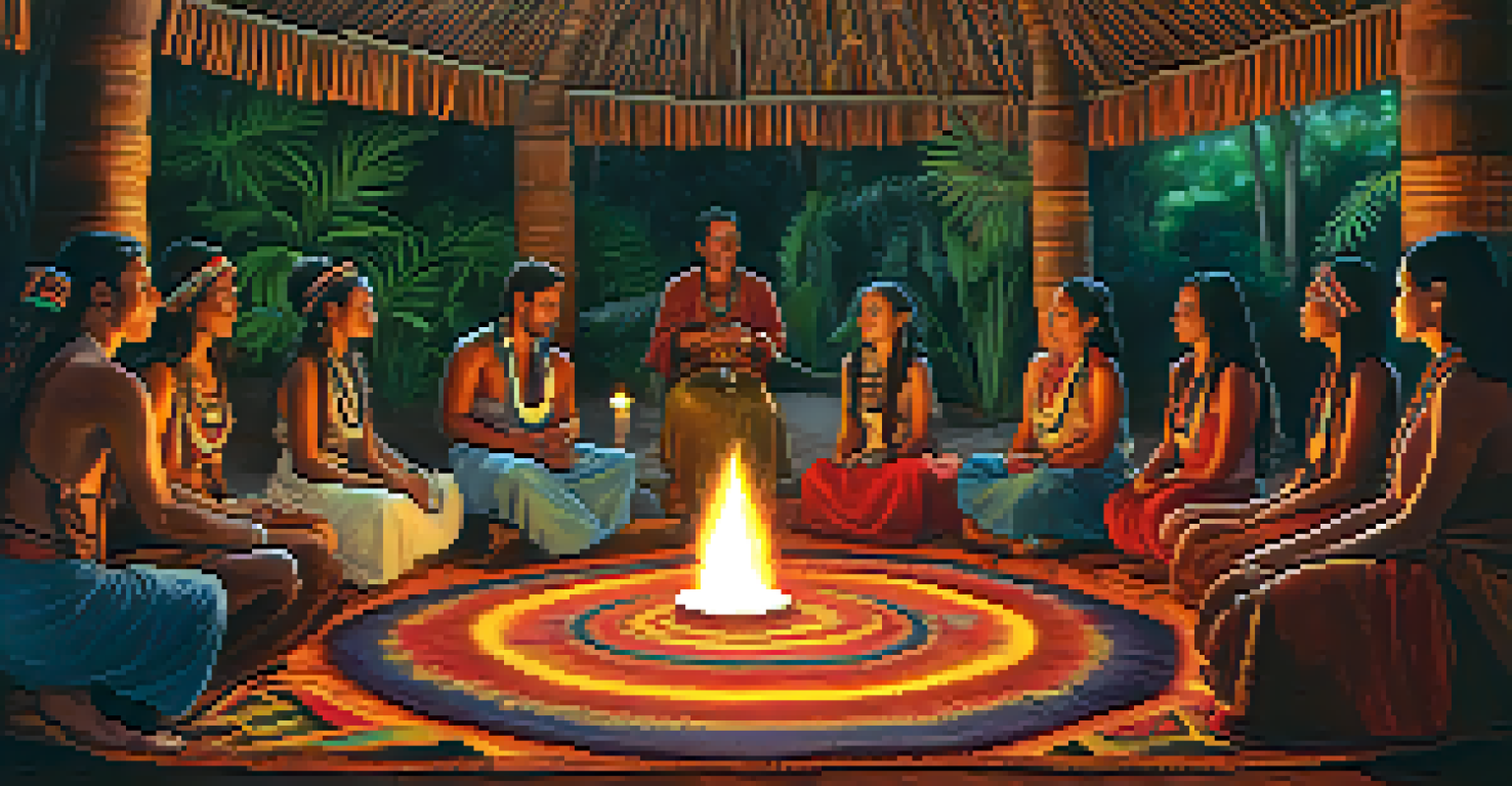 An Ayahuasca ceremony with participants seated in a circle, surrounded by candles and indigenous art, led by a shaman.