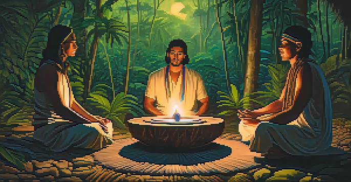 Participants in a calming Ayahuasca ceremony in the Amazon rainforest, seated in a circle around a shaman.