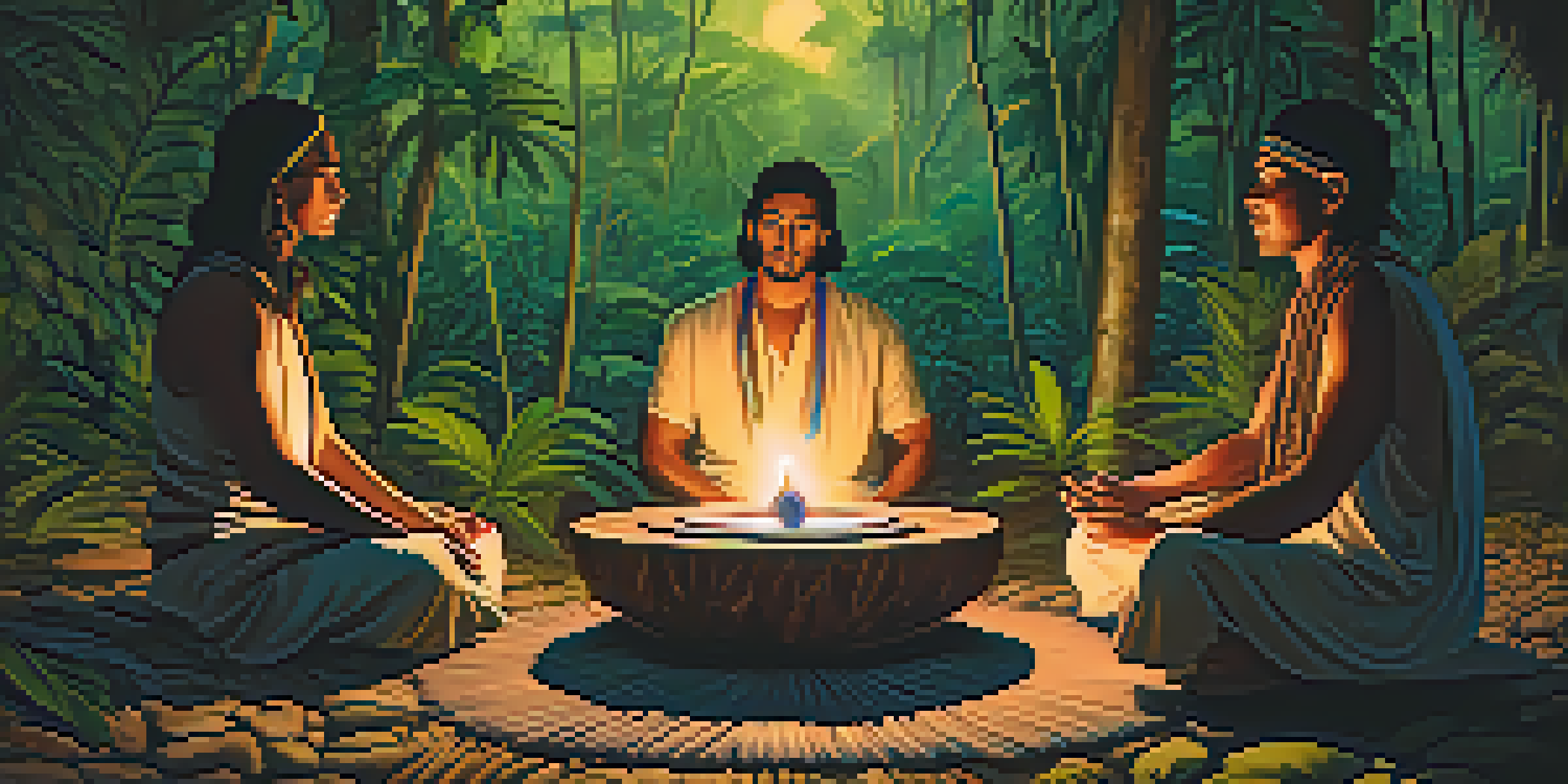 Participants in a calming Ayahuasca ceremony in the Amazon rainforest, seated in a circle around a shaman.