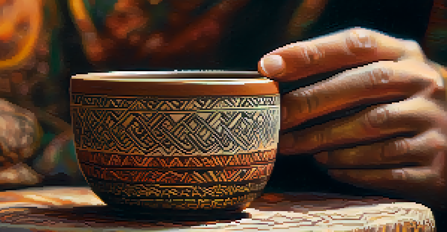 A close-up of a person's hands holding a ceramic cup filled with Ayahuasca brew, set against a warm, earthy background.