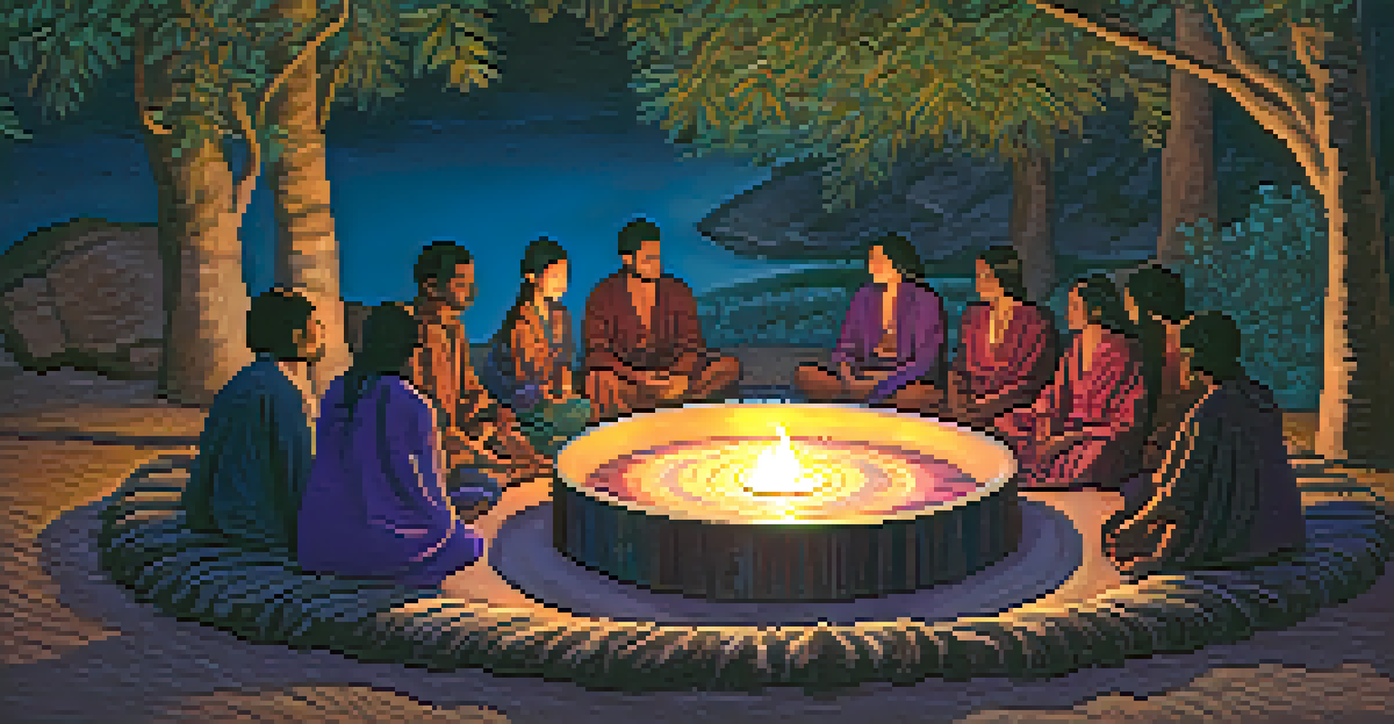 Participants in a circle during an Ayahuasca ceremony, surrounded by candlelight and warm fabrics.