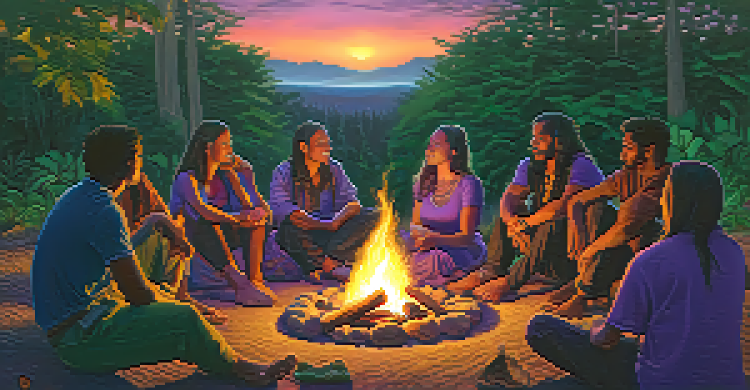 A diverse group of individuals sharing experiences around a fire during an Ayahuasca integration circle at twilight.