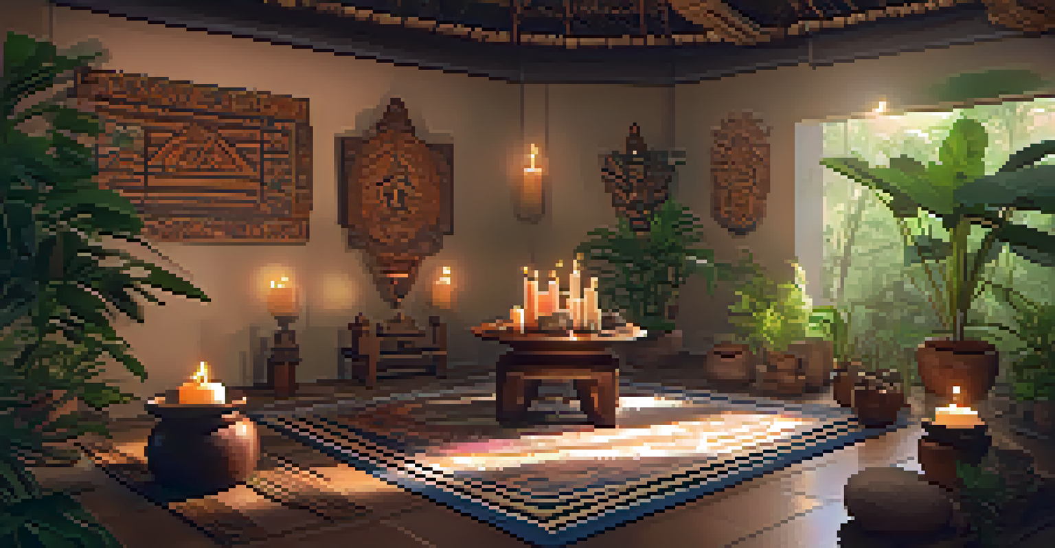 A cozy and calming indoor space designed for an Ayahuasca ceremony, featuring soft lighting, plants, and an altar adorned with candles and flowers.