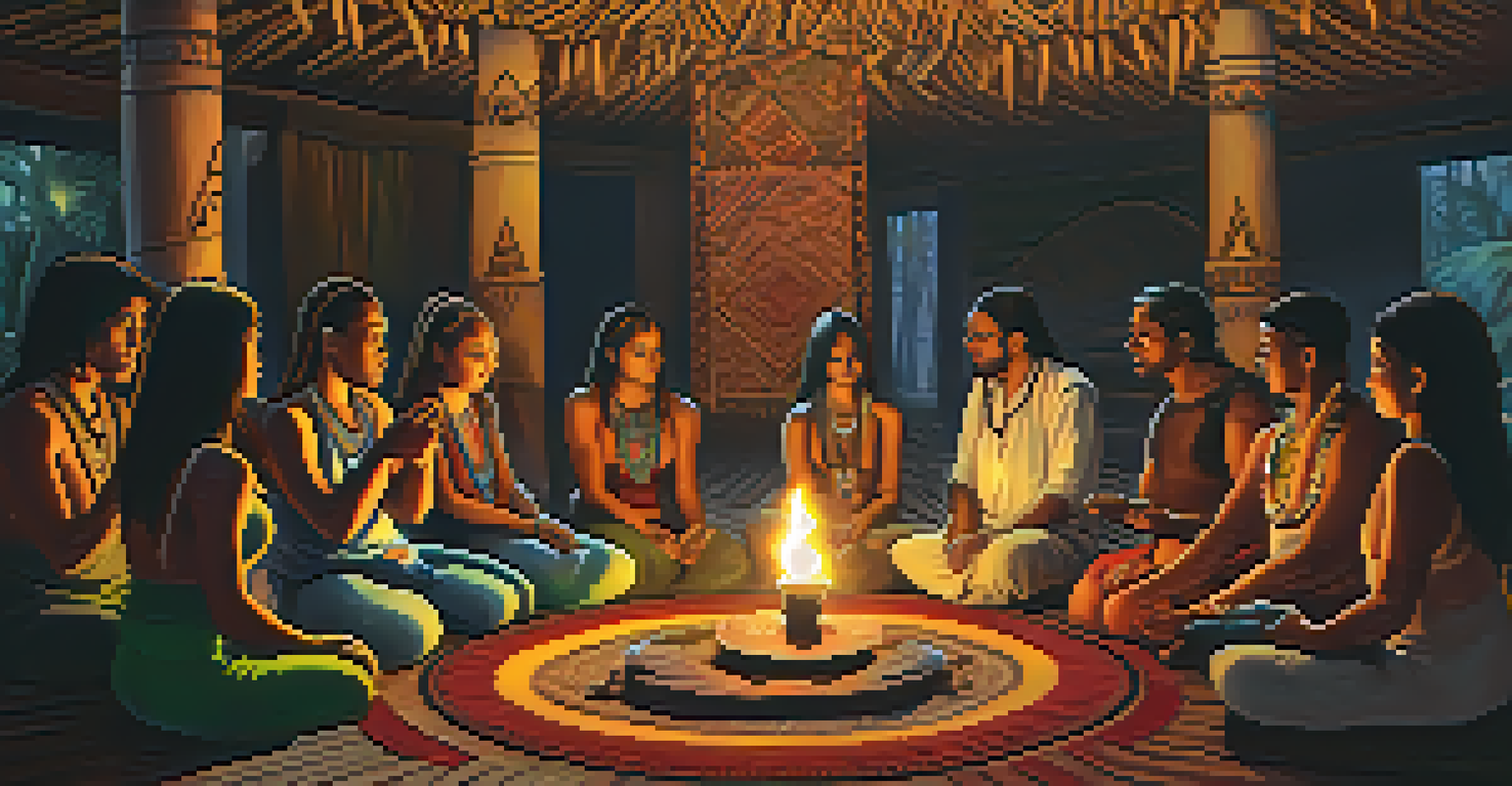 A group of individuals seated in a circle during an Ayahuasca ceremony, with a shaman leading the session in a dimly lit room decorated with indigenous art.