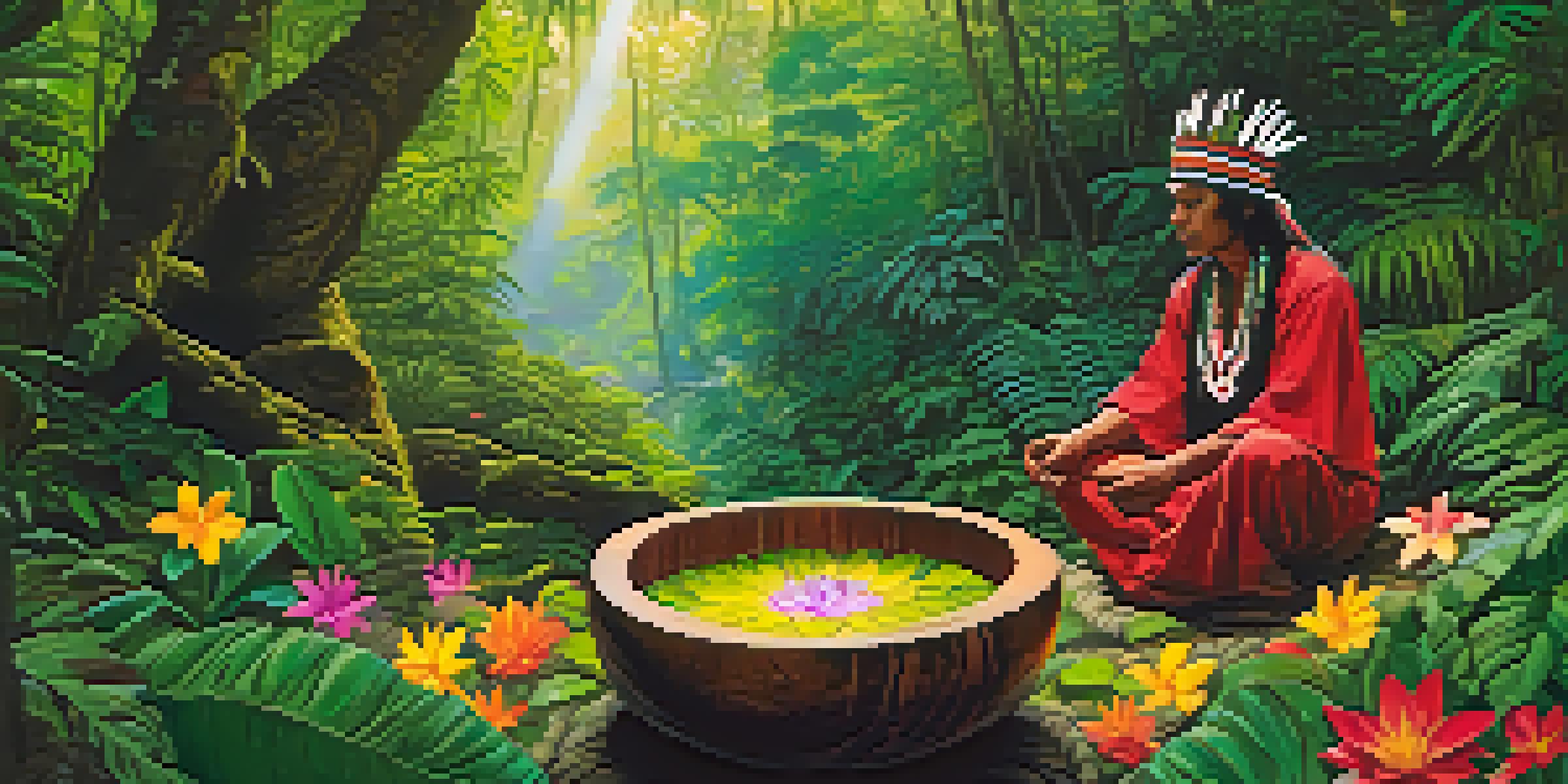 An Indigenous shaman in ceremonial attire prepares Ayahuasca in a wooden bowl, surrounded by the vibrant greenery and flowers of the Amazon rainforest.