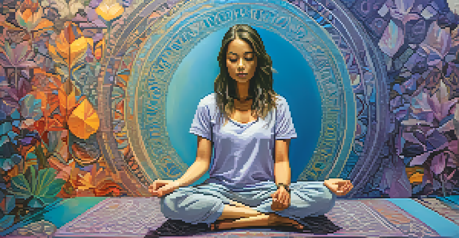 A person meditating surrounded by abstract colorful shapes and intricate patterns in a calming atmosphere of blues and purples.