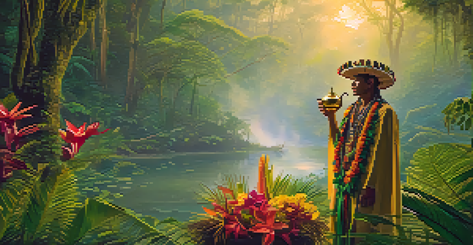 A shaman in traditional attire holds a ceremonial cup of Ayahuasca in a misty Amazon rainforest at dawn, surrounded by lush greenery and vibrant flowers.