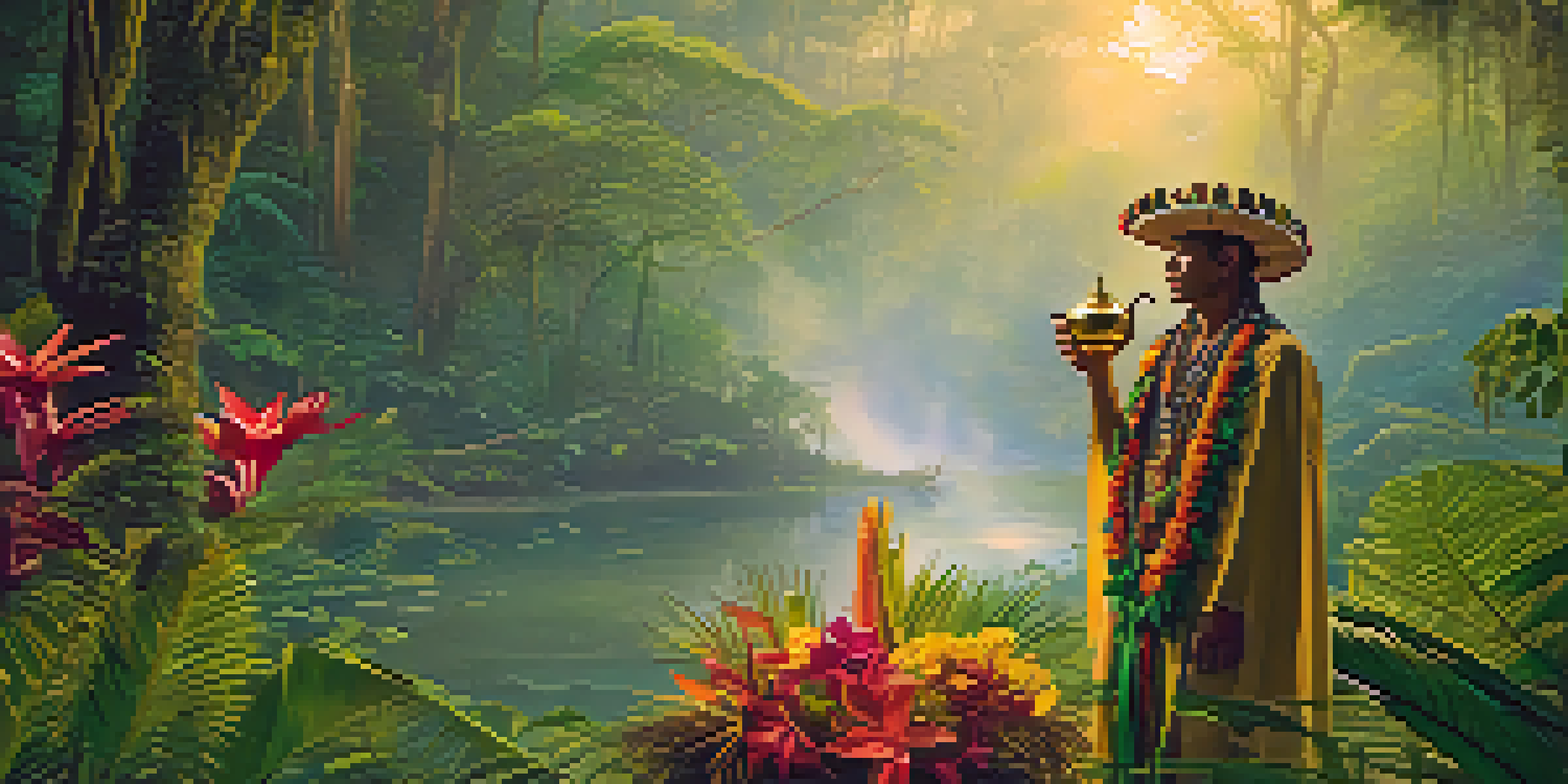 A shaman in traditional attire holds a ceremonial cup of Ayahuasca in a misty Amazon rainforest at dawn, surrounded by lush greenery and vibrant flowers.