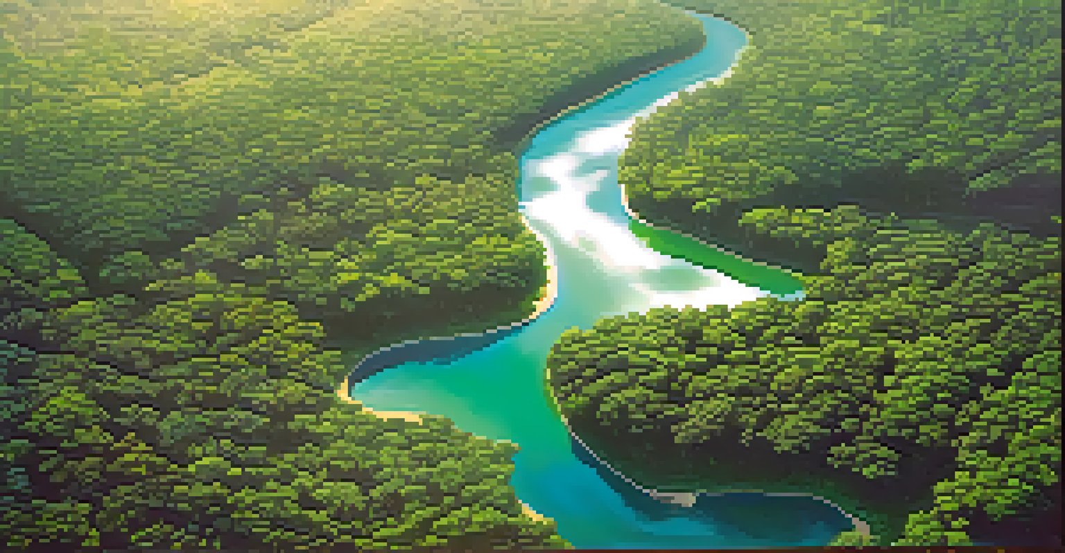 An aerial view of the Amazon rainforest displaying rich biodiversity, with a small eco-tourism lodge blending into the landscape under sunlight filtering through trees.