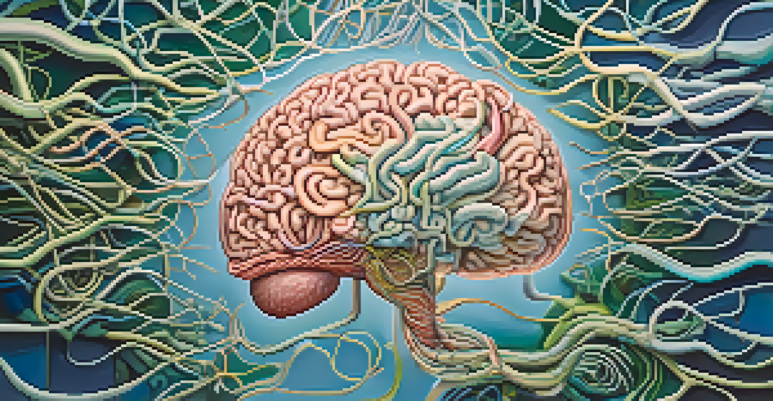 An artistic visualization of the gut-brain connection, showing the digestive system and neural pathways in harmonious colors.