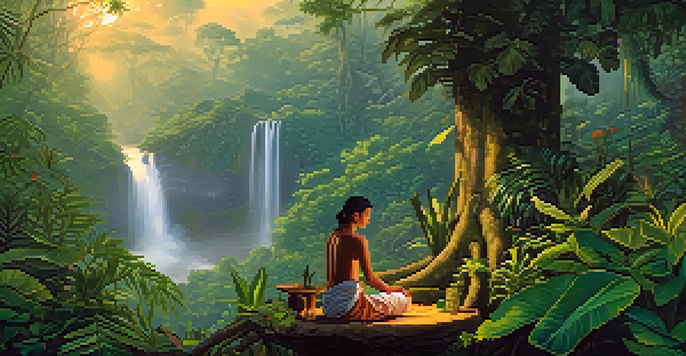 A tranquil Amazon rainforest at dawn, with an Indigenous healer preparing ayahuasca amidst lush greenery and soft sunlight.