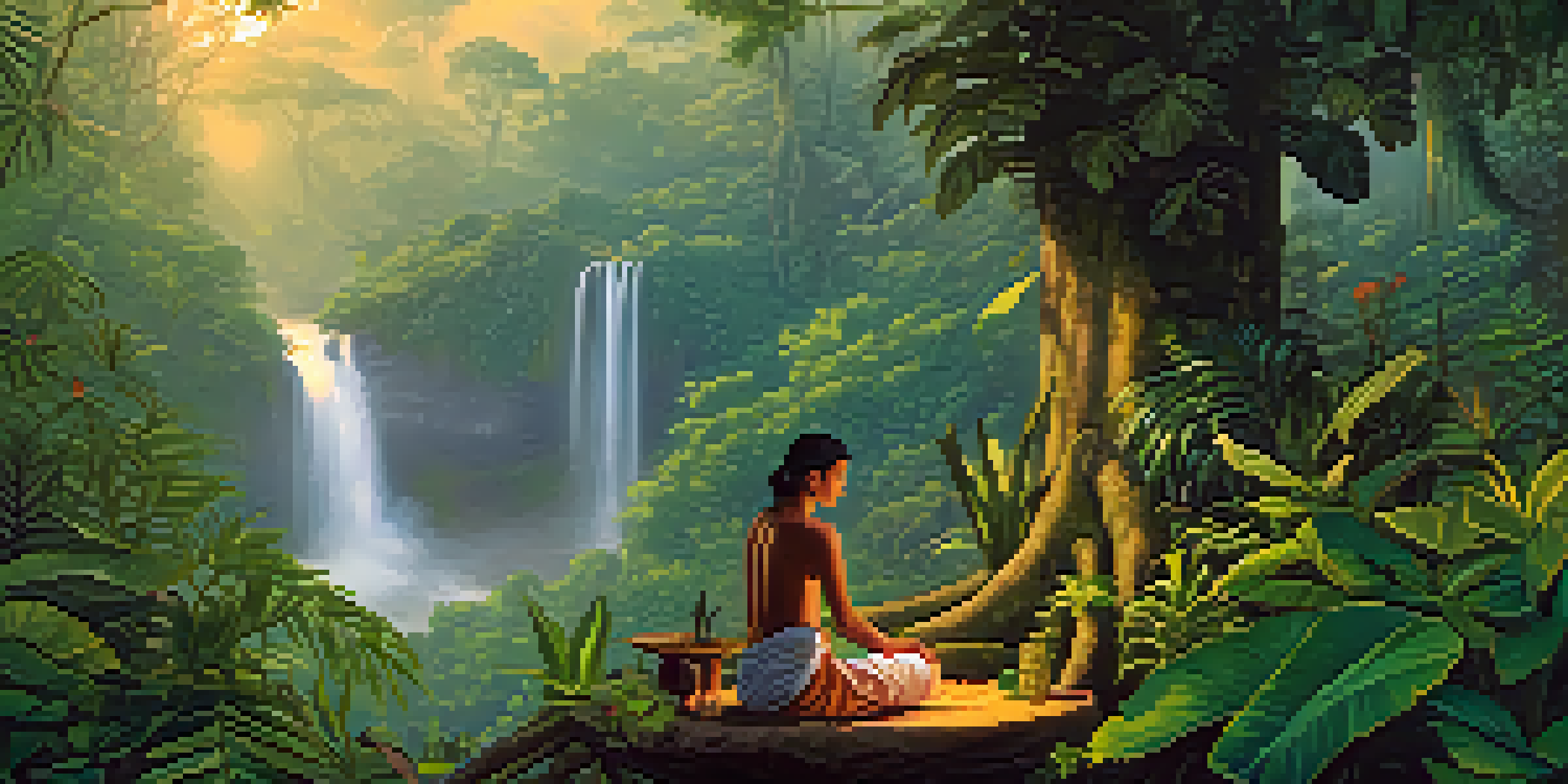 A tranquil Amazon rainforest at dawn, with an Indigenous healer preparing ayahuasca amidst lush greenery and soft sunlight.