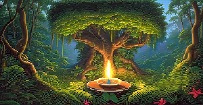 A tranquil Amazonian scene with a vine and leaves, a shamanic altar, and soft golden morning light.