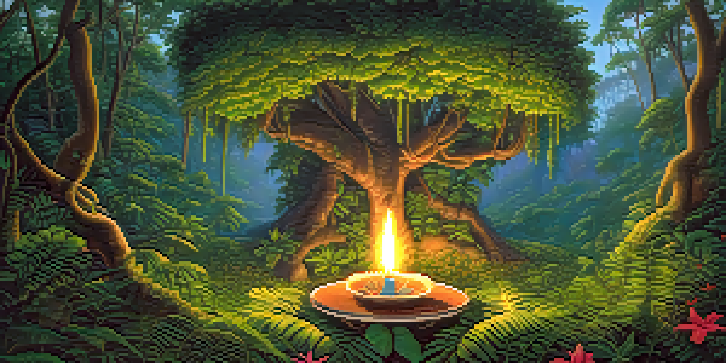 A tranquil Amazonian scene with a vine and leaves, a shamanic altar, and soft golden morning light.