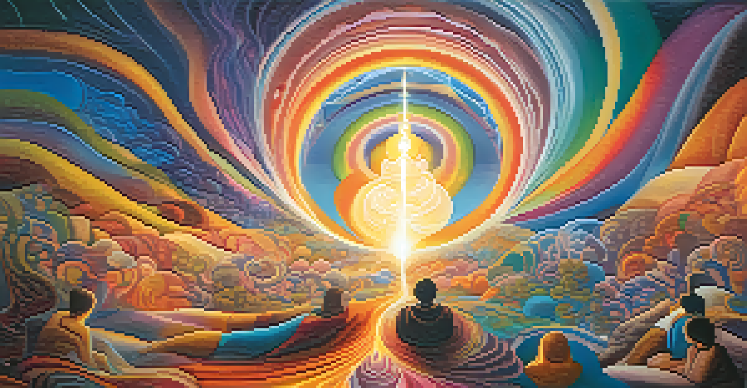 An abstract cosmic landscape of vibrant colors and geometric patterns representing a spiritual journey, with silhouettes of meditating people.