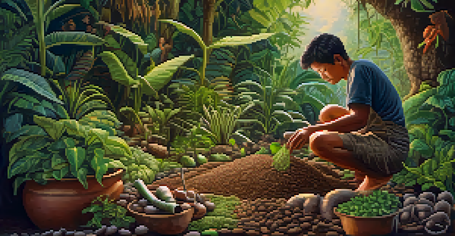 A gardener testing soil for nutrients, surrounded by organic materials and healthy Ayahuasca plants in a bright setting.