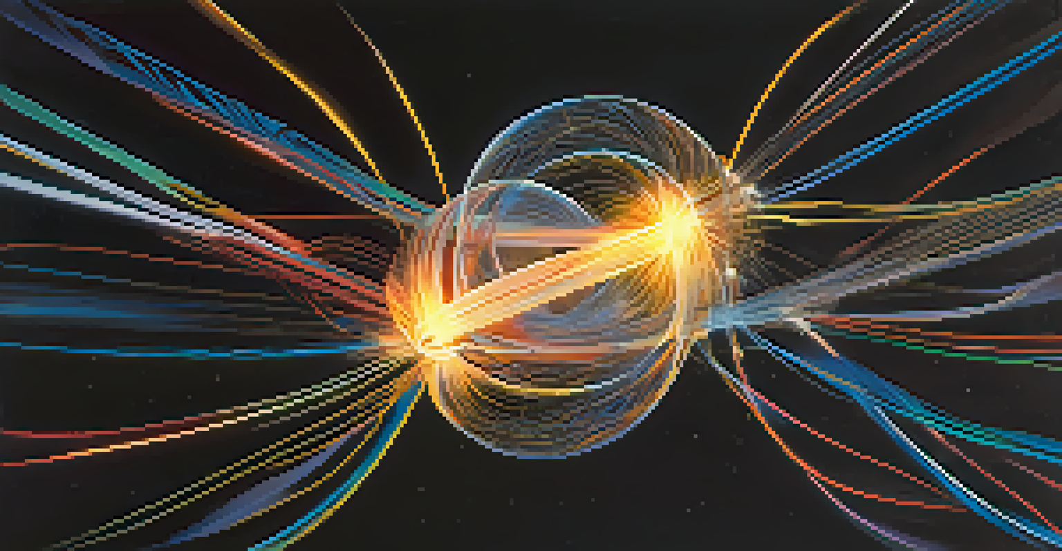 An abstract image depicting two glowing orbs connected by a ribbon of light, representing quantum entanglement.