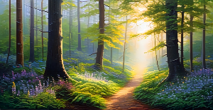 A tranquil forest at dawn with sunlight filtering through trees, colorful wildflowers in the foreground, and a misty atmosphere.