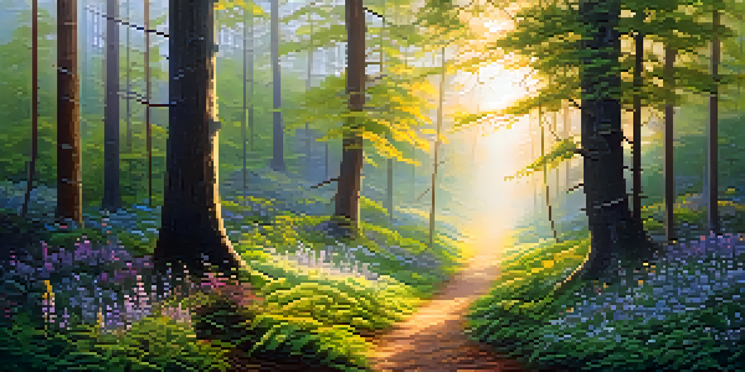 A tranquil forest at dawn with sunlight filtering through trees, colorful wildflowers in the foreground, and a misty atmosphere.