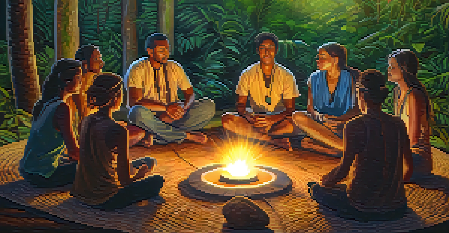 A group of people in a circle sharing experiences in a nature setting during an Ayahuasca integration ceremony.