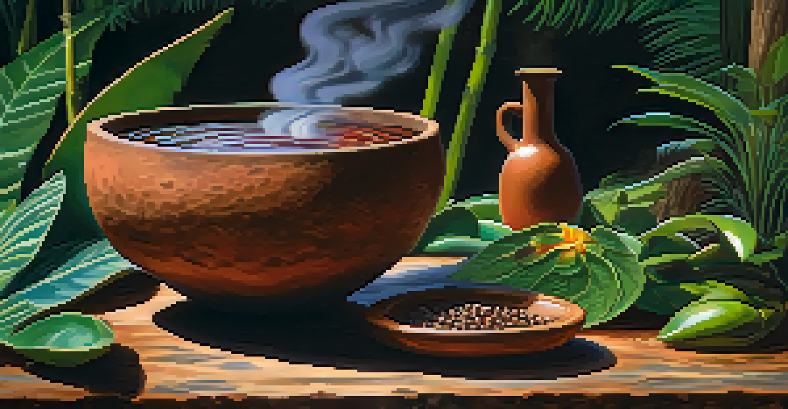 A close-up of Ayahuasca brew in a clay bowl, with vibrant reflections and a blurred natural background.