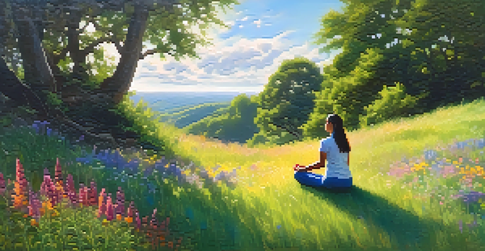 A person meditating on a grassy hill surrounded by flowers, with sunlight filtering through trees.