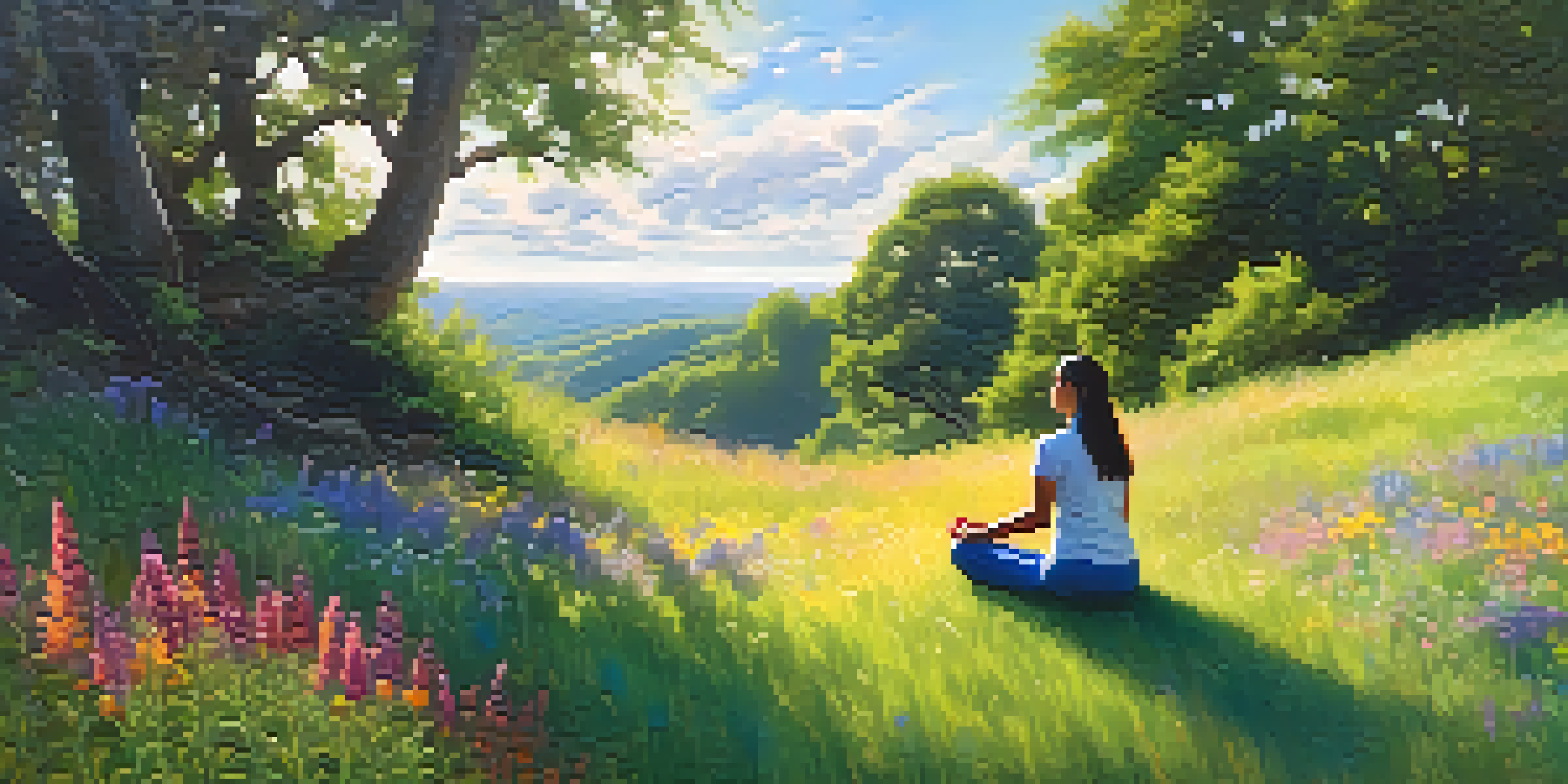 A person meditating on a grassy hill surrounded by flowers, with sunlight filtering through trees.