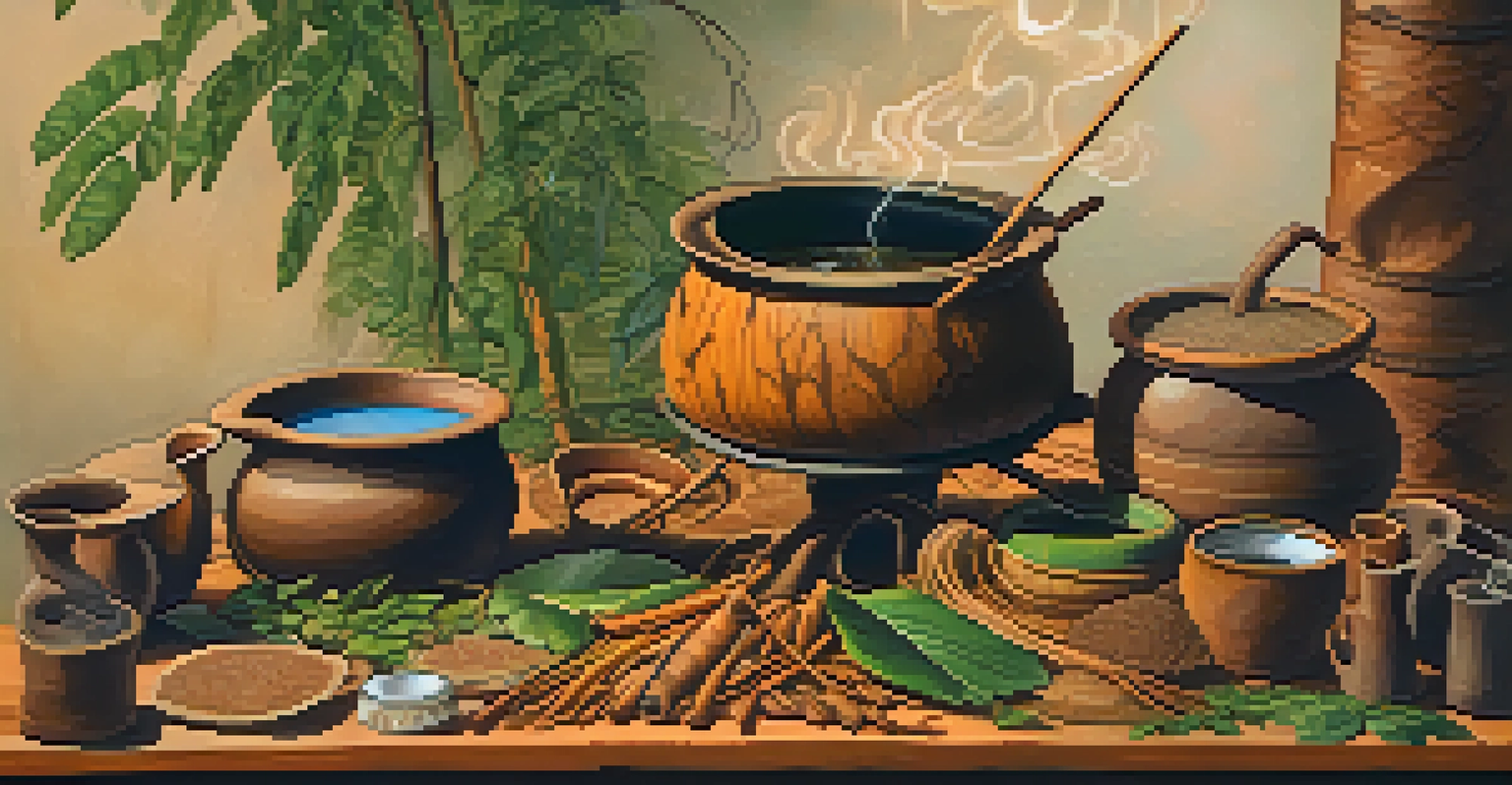 Close-up of ayahuasca brew preparation with vines, a simmering pot, and indigenous tools on a wooden table.