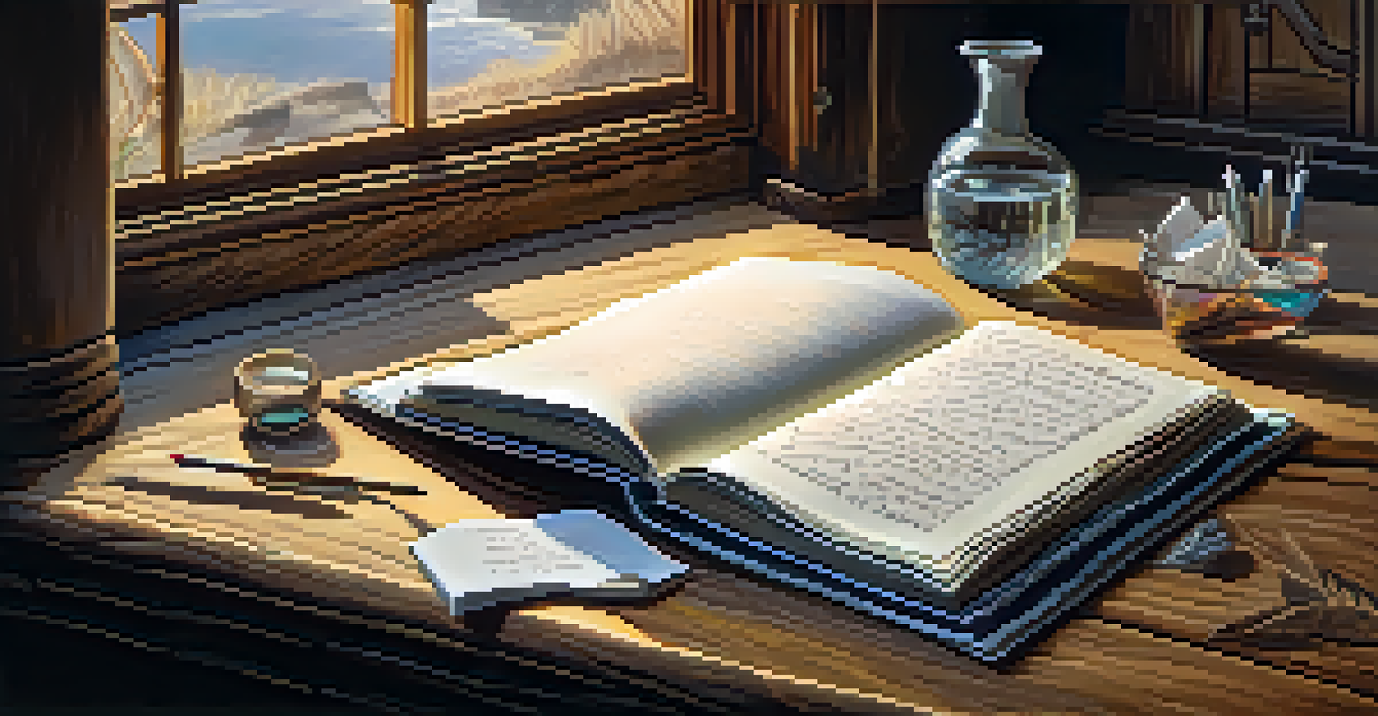 An open dream journal on a rustic table with a quill pen, surrounded by sketches and crystals, illuminated by soft light.