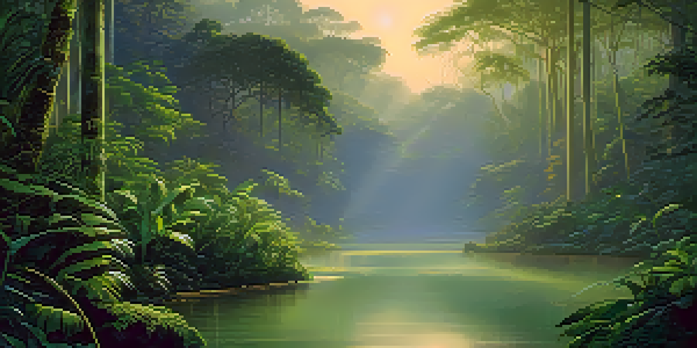 A peaceful Amazonian rainforest at dawn with lush greenery and sunlight filtering through the mist.