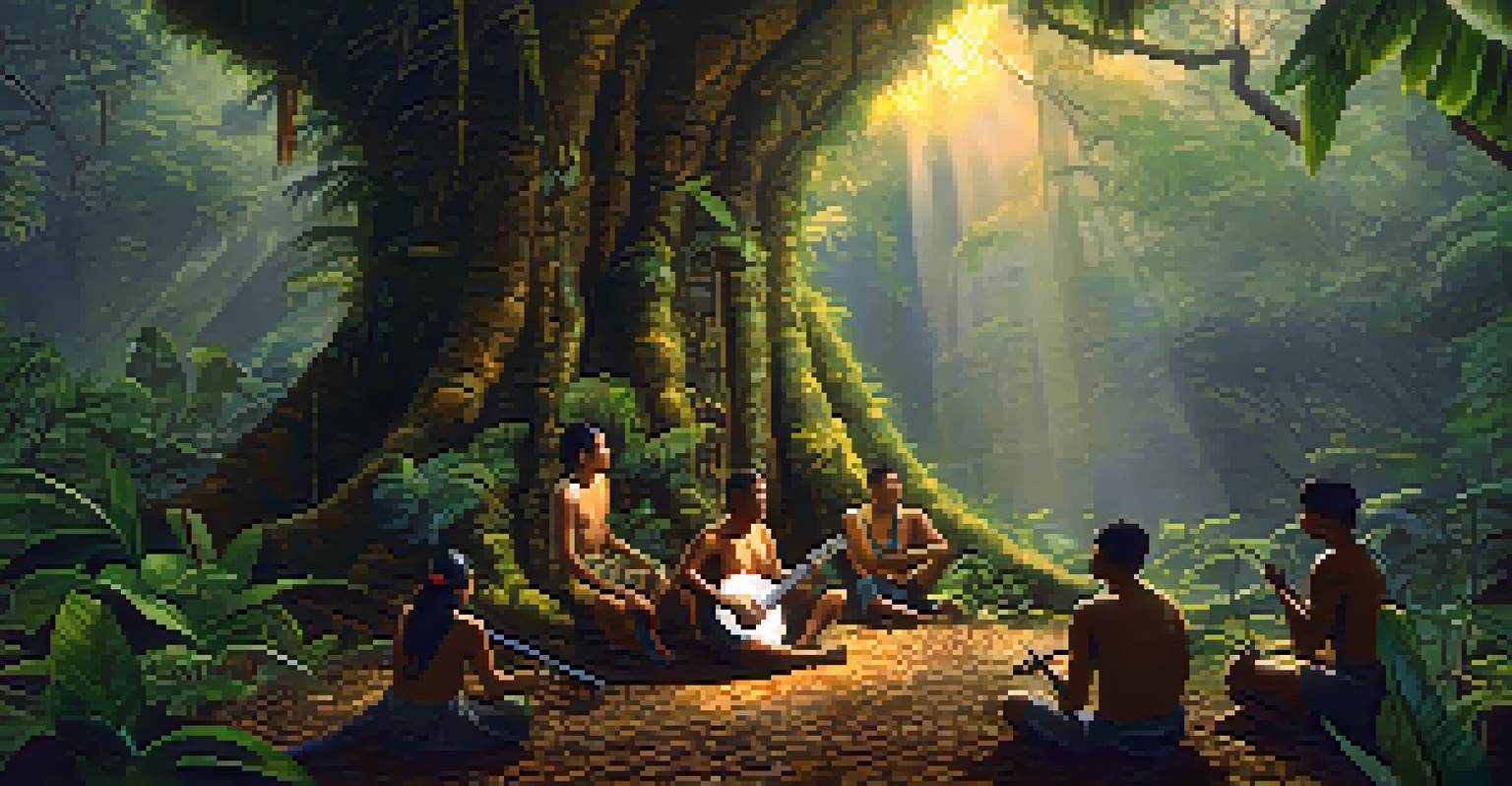 An Amazonian rainforest at dusk with green foliage and a shaman playing music, participants sitting in a circle.