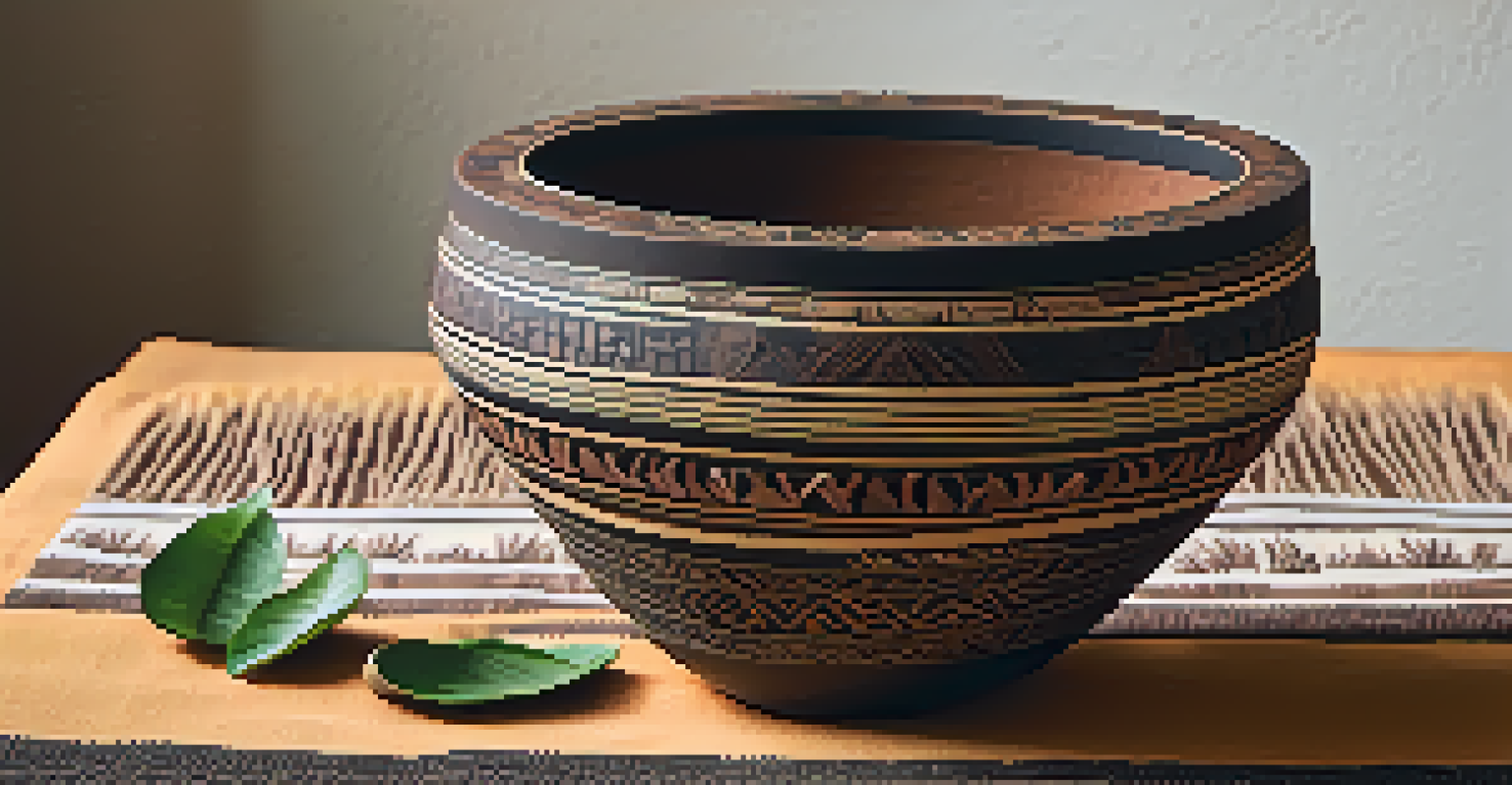 A close-up of an intricately designed ayahuasca vessel filled with a dark brew on a textured cloth.