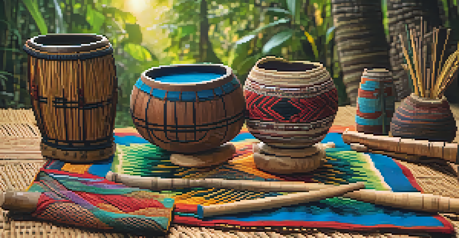 Close-up of traditional ayahuasca instruments like a drum and flute on a mat, with nature blurred in the background.