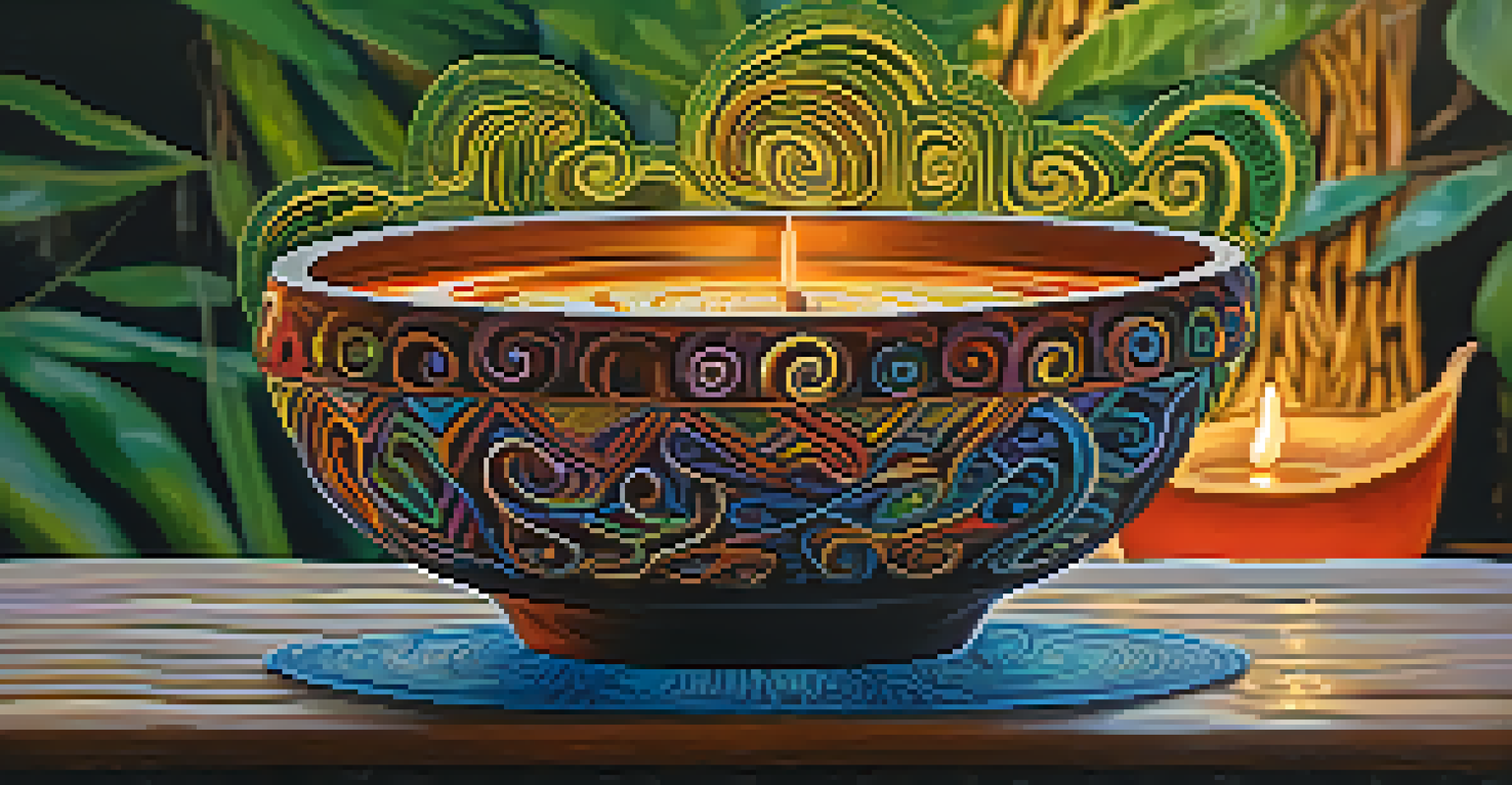 Close-up of a vibrant Ayahuasca brew in a bowl, showcasing its rich colors and textures against a blurred green background.