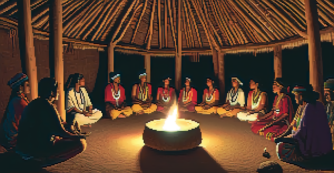 An indigenous healer performing an ayahuasca ceremony inside a traditional hut with participants in meditation.