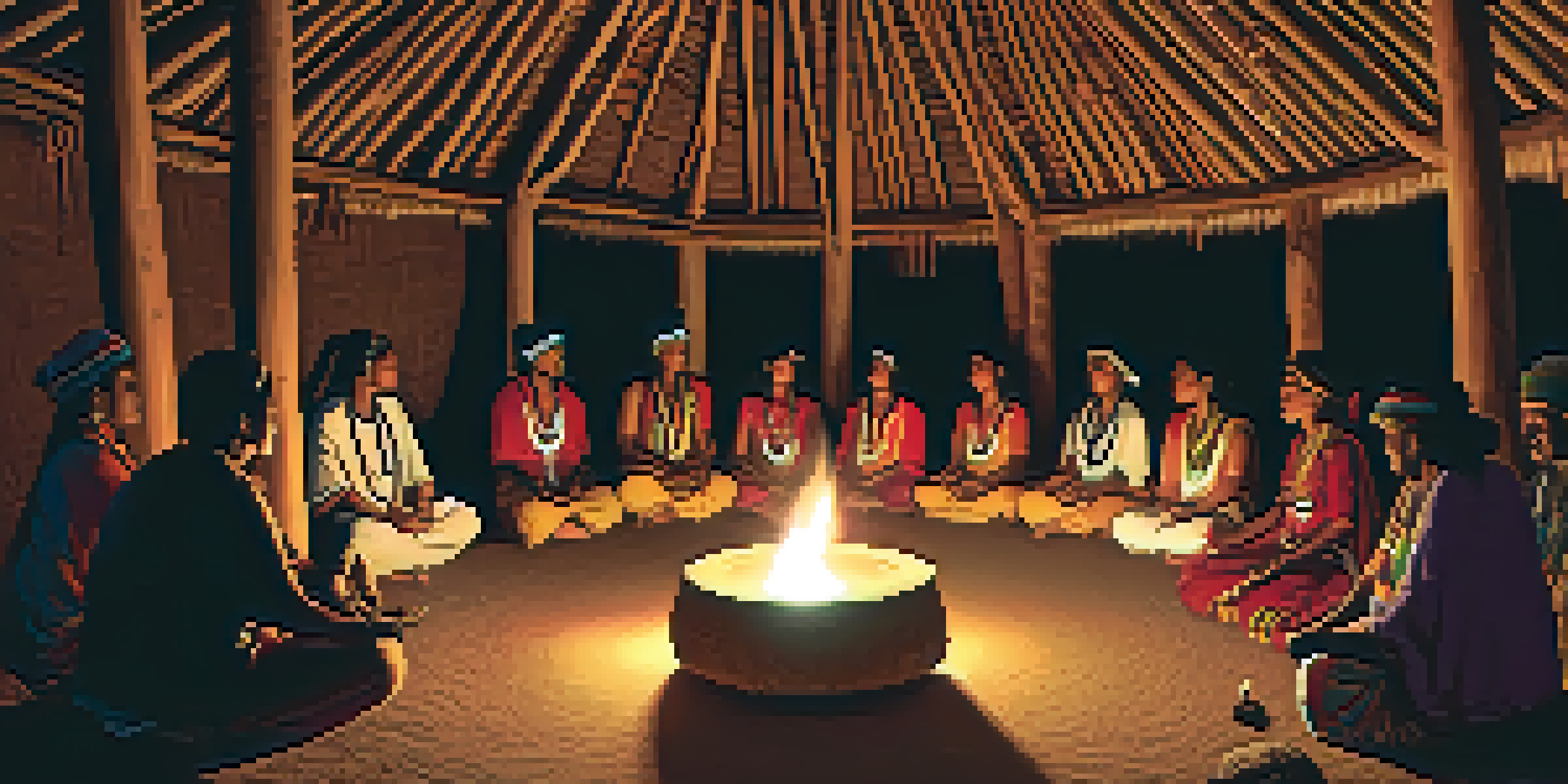 An indigenous healer performing an ayahuasca ceremony inside a traditional hut with participants in meditation.