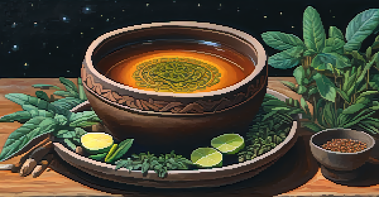 A close-up of a traditional clay bowl filled with rich Ayahuasca brew, surrounded by indigenous herbs and plants, highlighting their textures and colors.
