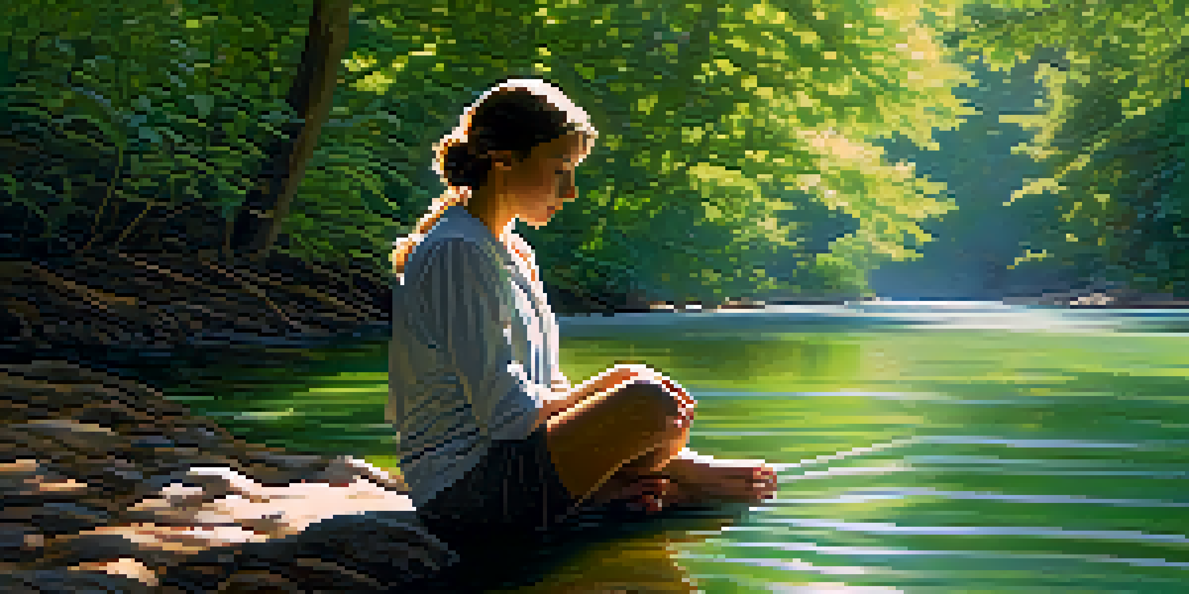 A peaceful person meditating by a flowing river, surrounded by green trees and sunlight filtering through the leaves.