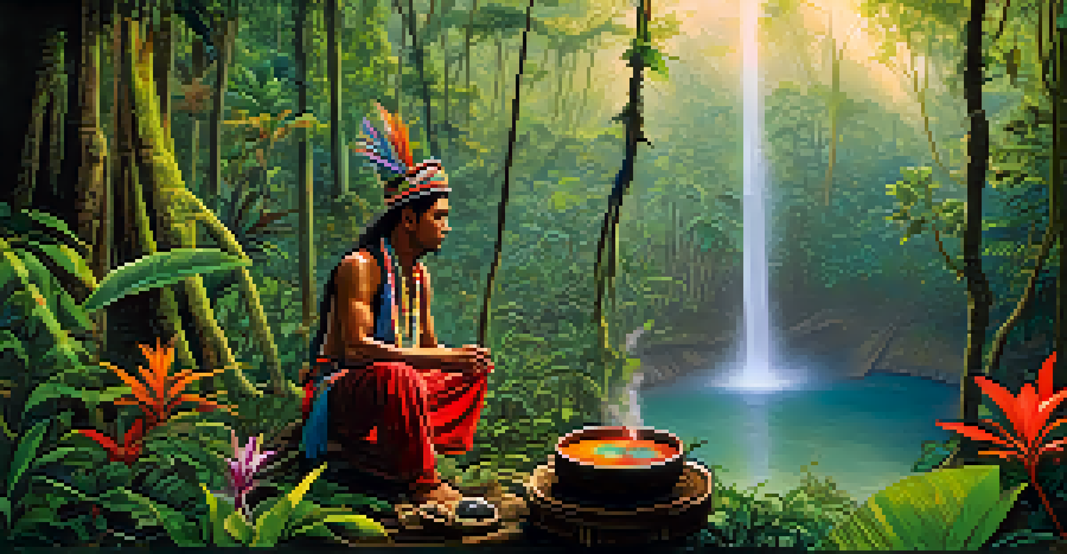 A shaman in colorful attire preparing ayahuasca in a misty Amazon rainforest at dawn, with sunlight filtering through the trees.