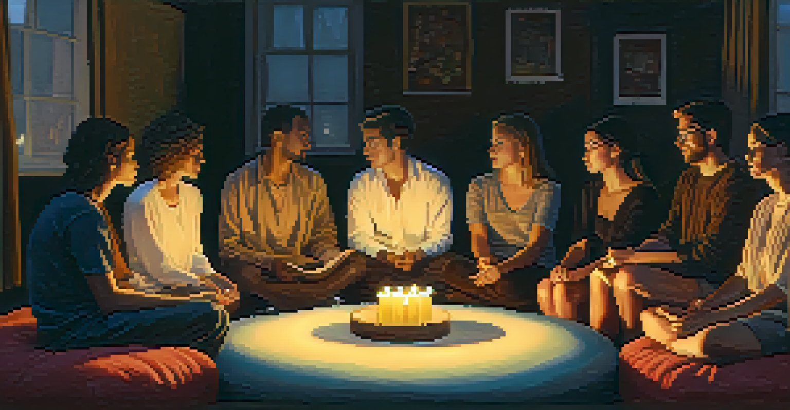 A group of people in a warm, candlelit room discussing their intentions for a spiritual journey.