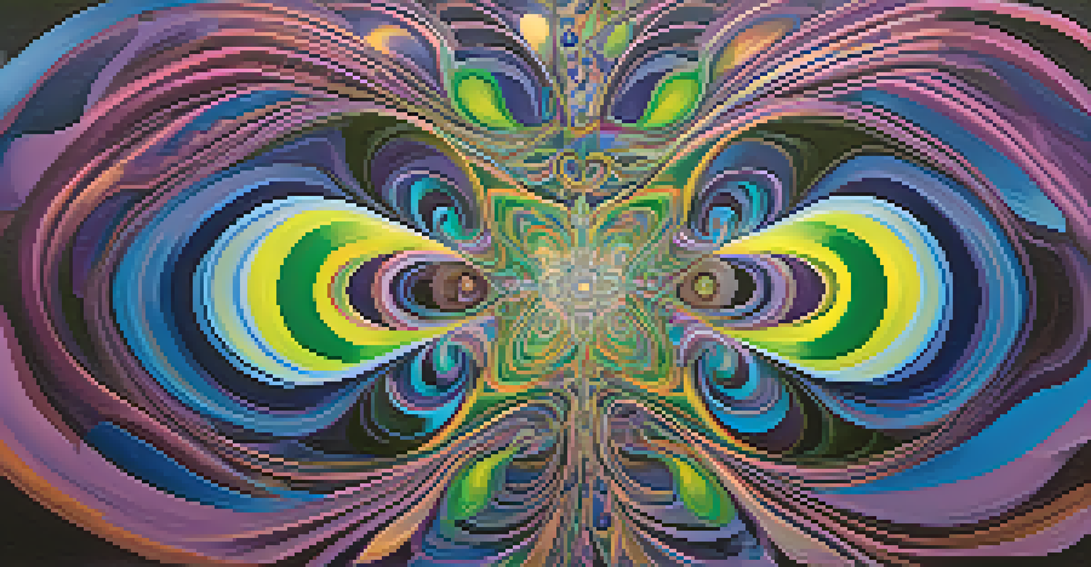 An abstract representation of altered states of consciousness with swirling colors and ethereal shapes resembling visions.